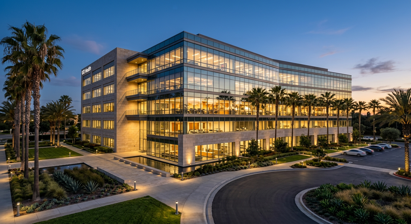 Commercial office buildings in Irvine, California at golden hour
